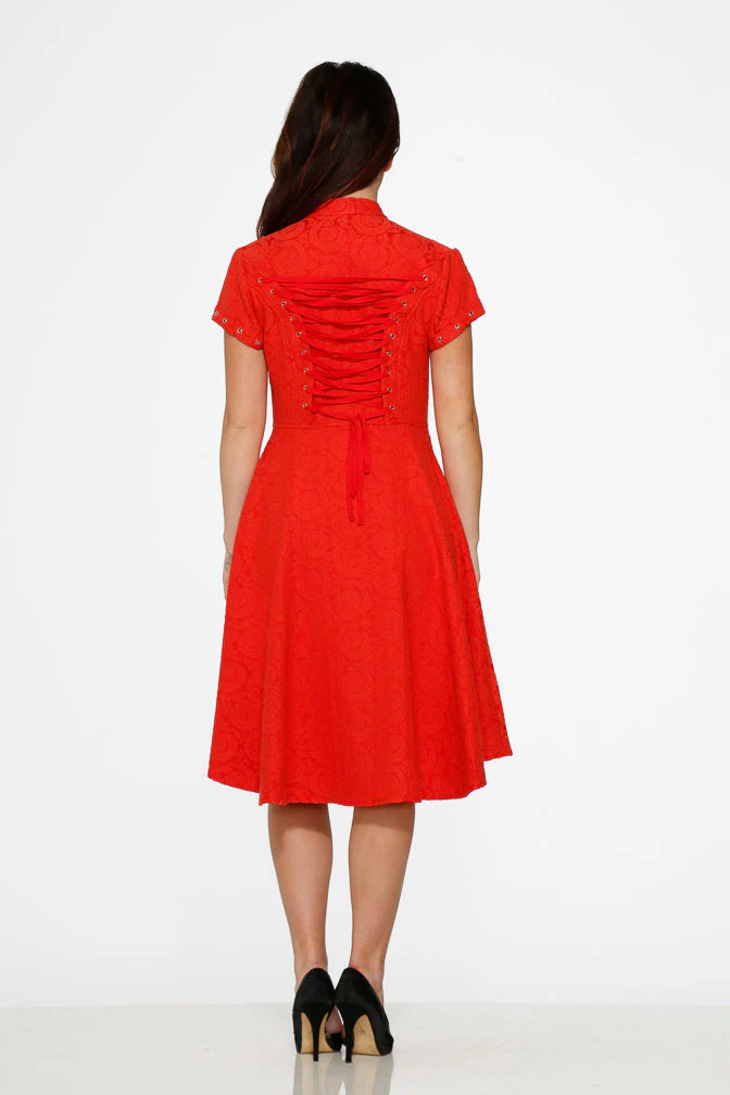 Red Jacquard Battalion Swing Dress - Olabens