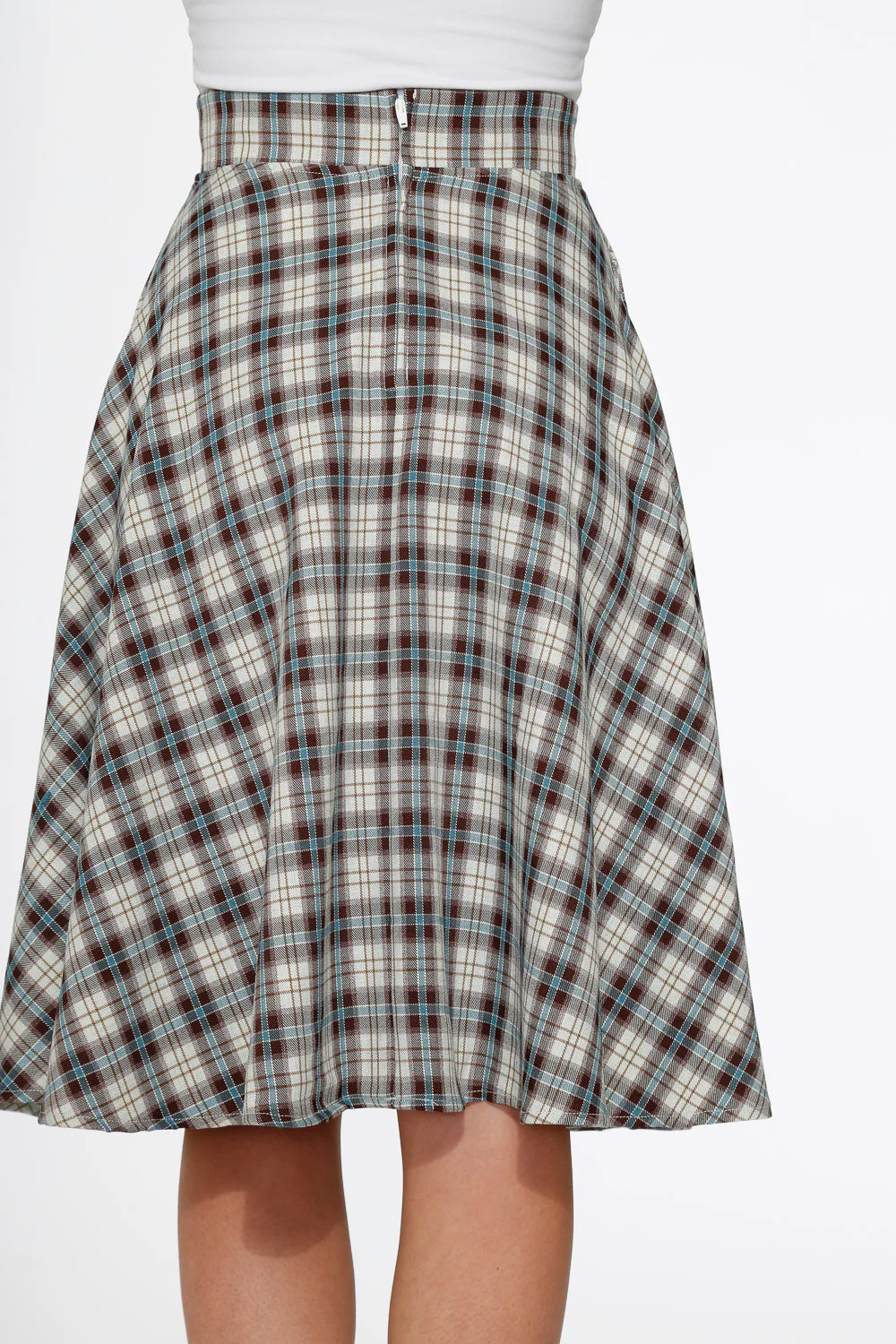 White & Brown Plaid Swing Skirt - Olabens