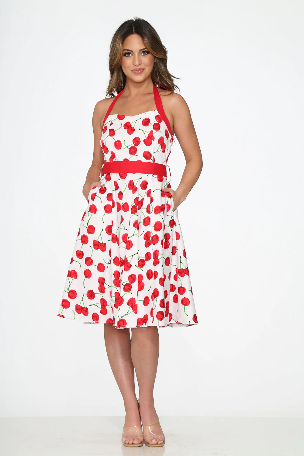 White Red Cherry Halter Swing Dress - Olabens