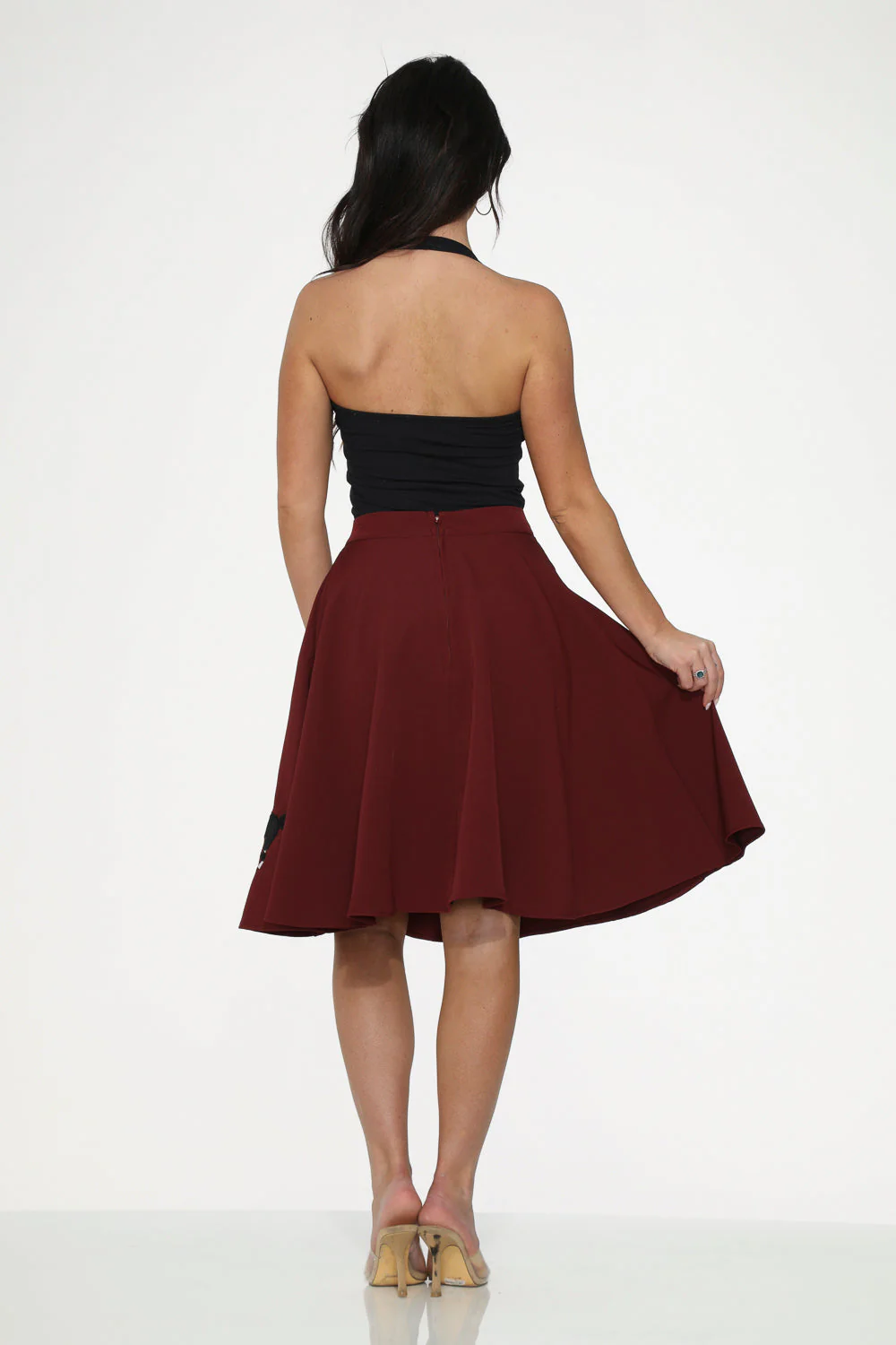 Burgundy Black Embroidered Poodle Swing Skirt - Olabens