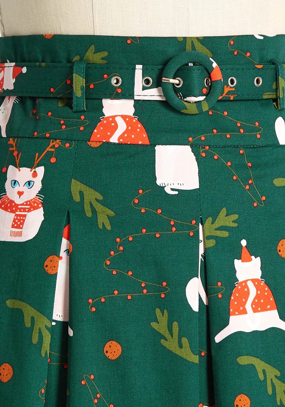 Christmas Cat-astrophe Pleated Swing Skirt - Olabens