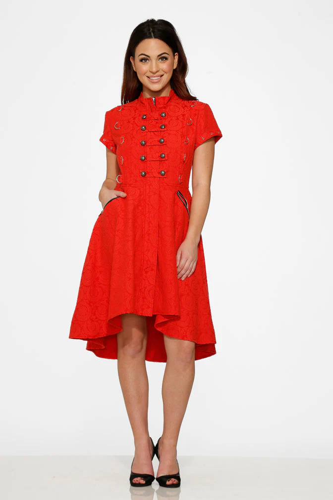 Red Jacquard Battalion Swing Dress - Olabens