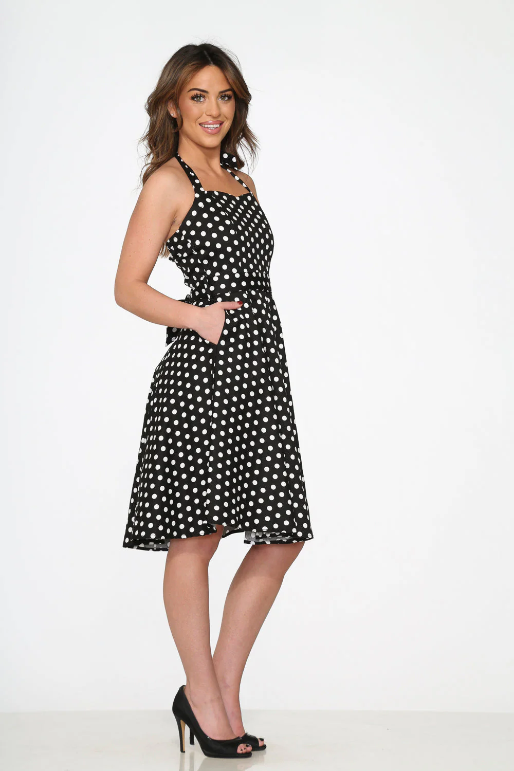 Black & White Polka Dot Halter Swing Dress - Olabens