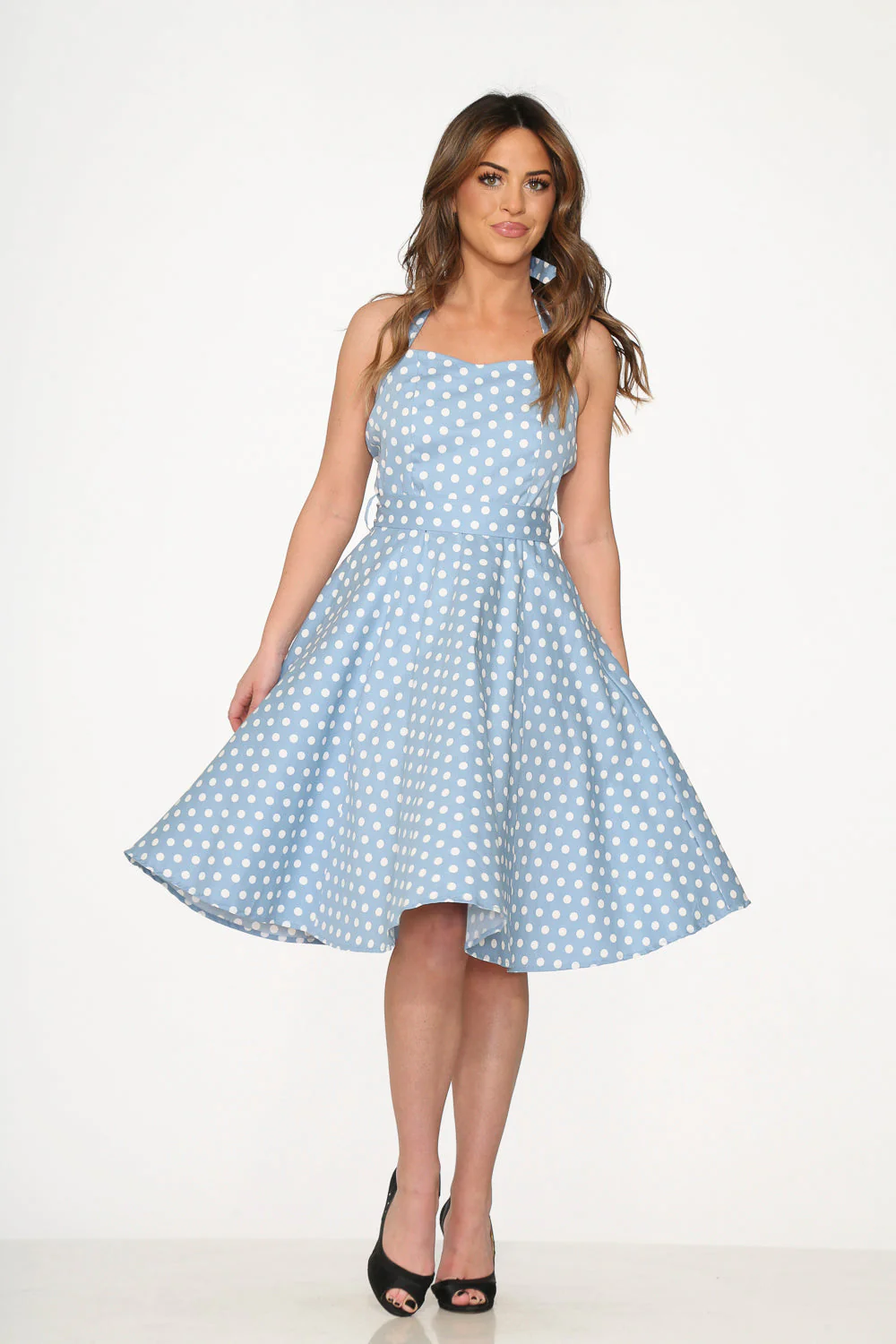 23235 Light Blue White Polka Dot Swing Dress - Olabens