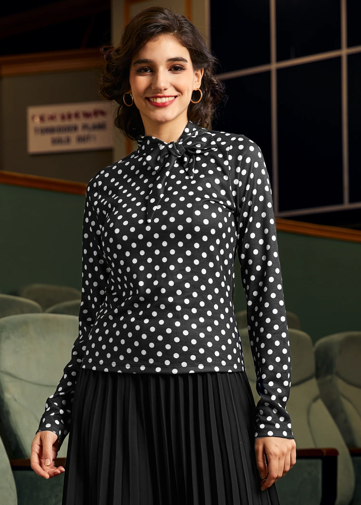 Rydell High Revisited Long Sleeve Tie-Neck Top - Olabens