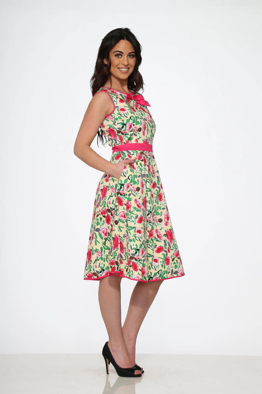Yellow and Red Rose Swing Dress - Olabens