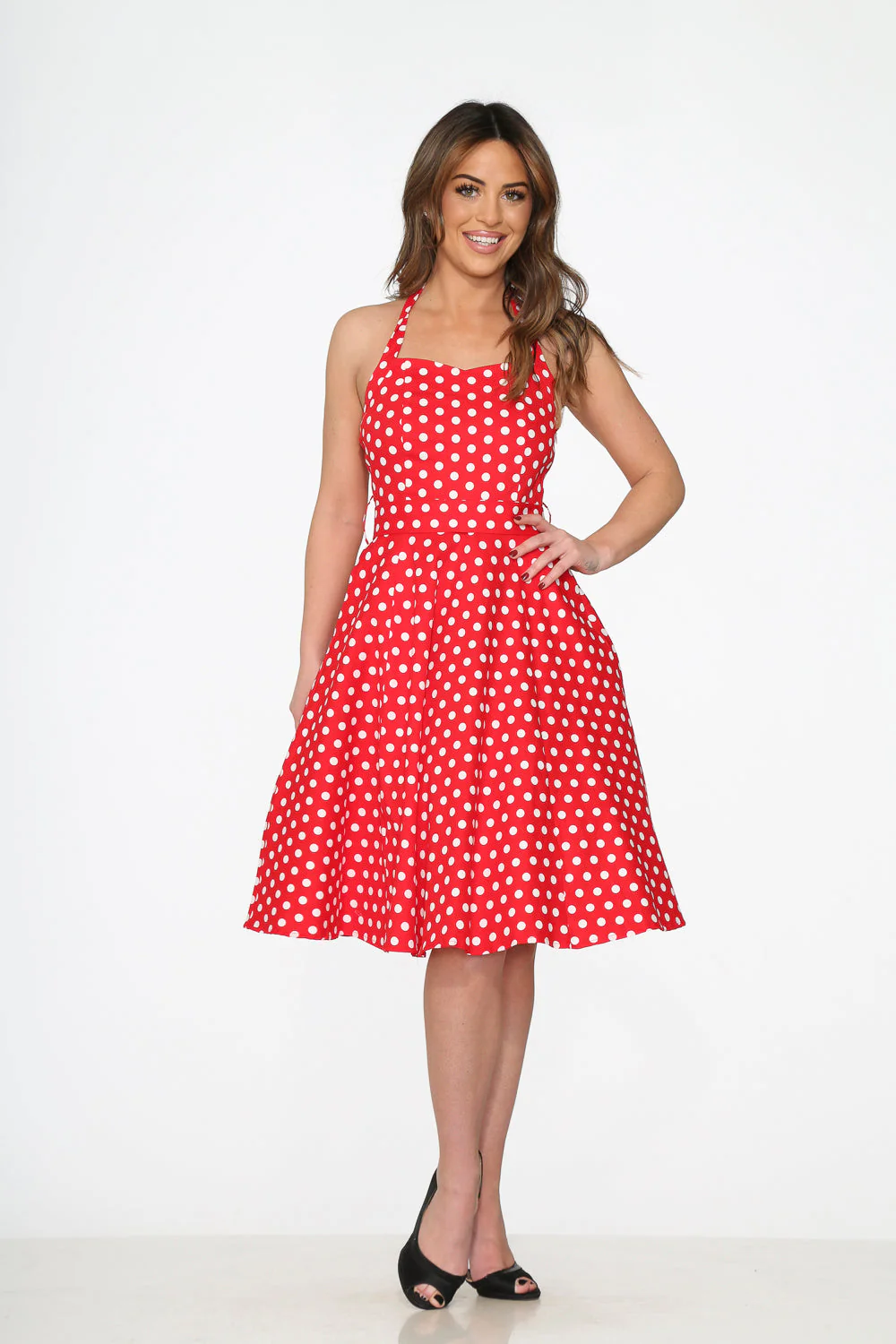 23231 Red White Polka Dot Halter Dress - Olabens