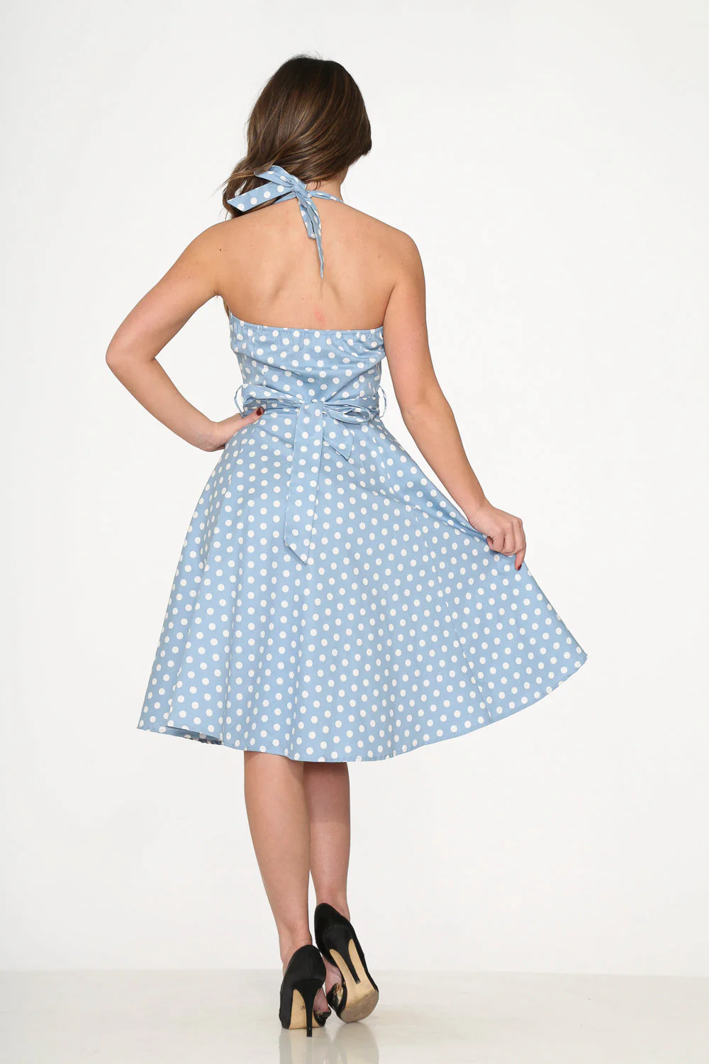 23235 Light Blue White Polka Dot Swing Dress - Olabens