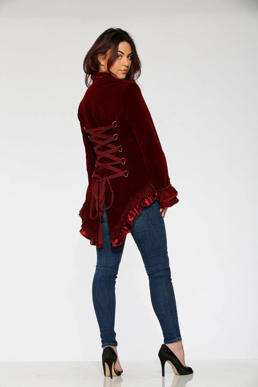 Burgundy Gloria Velvet Tailed Jacket - Olabens