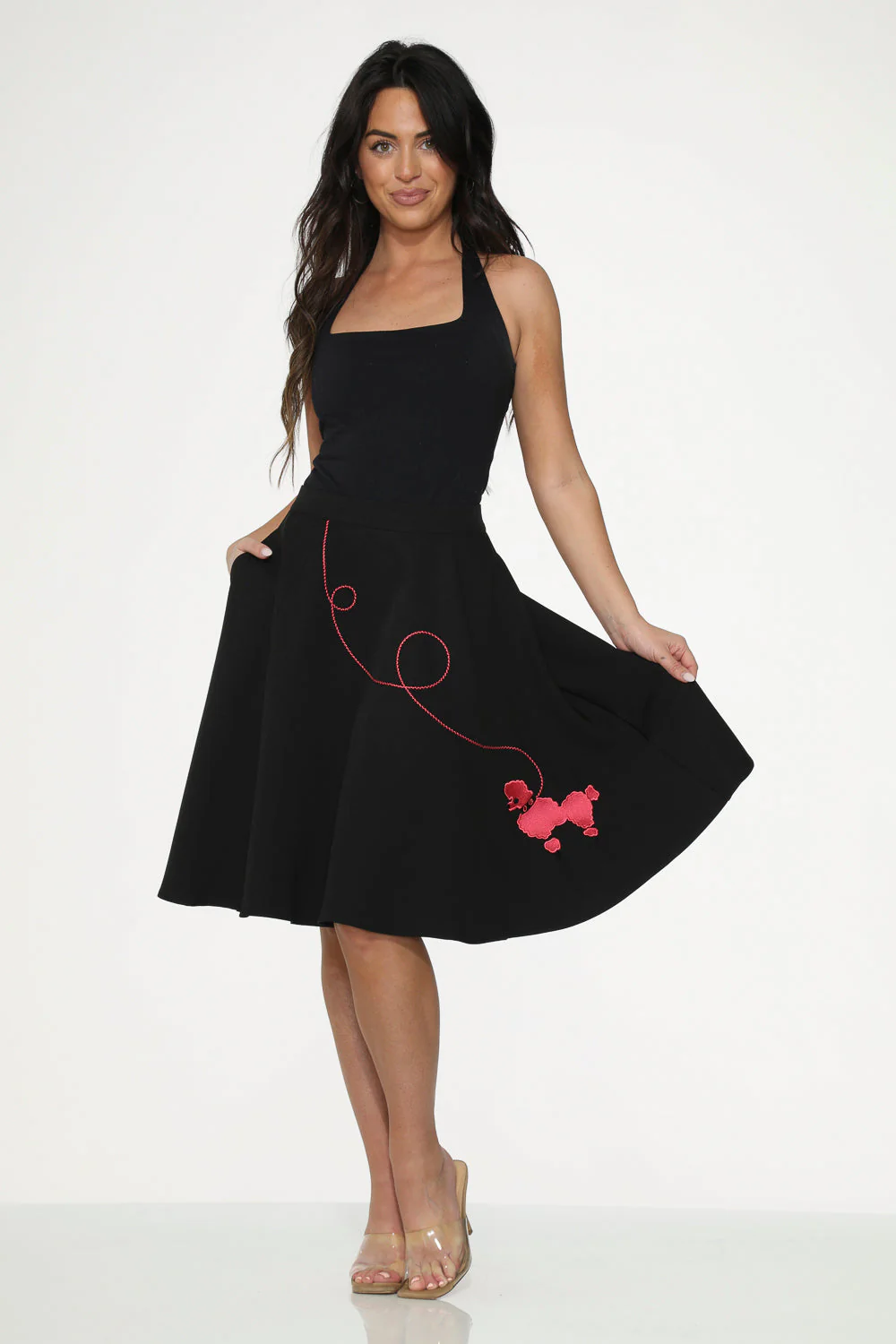 Black Hot Pink Embroidered Poodle Swing Skirt - Olabens