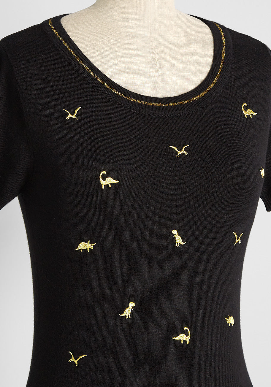 Dinosaur Dynamo Embroidered Short Sleeve Sweater - Olabens