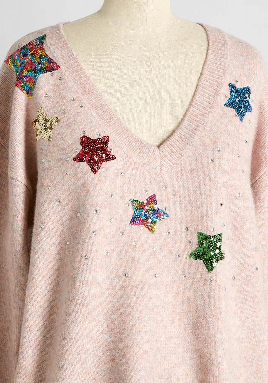 Sparkles and Stardust Embellished V-Neck Sweater - Olabens