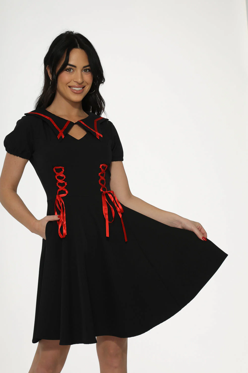 Black & Red Trim Gothic Swing Dress - Olabens