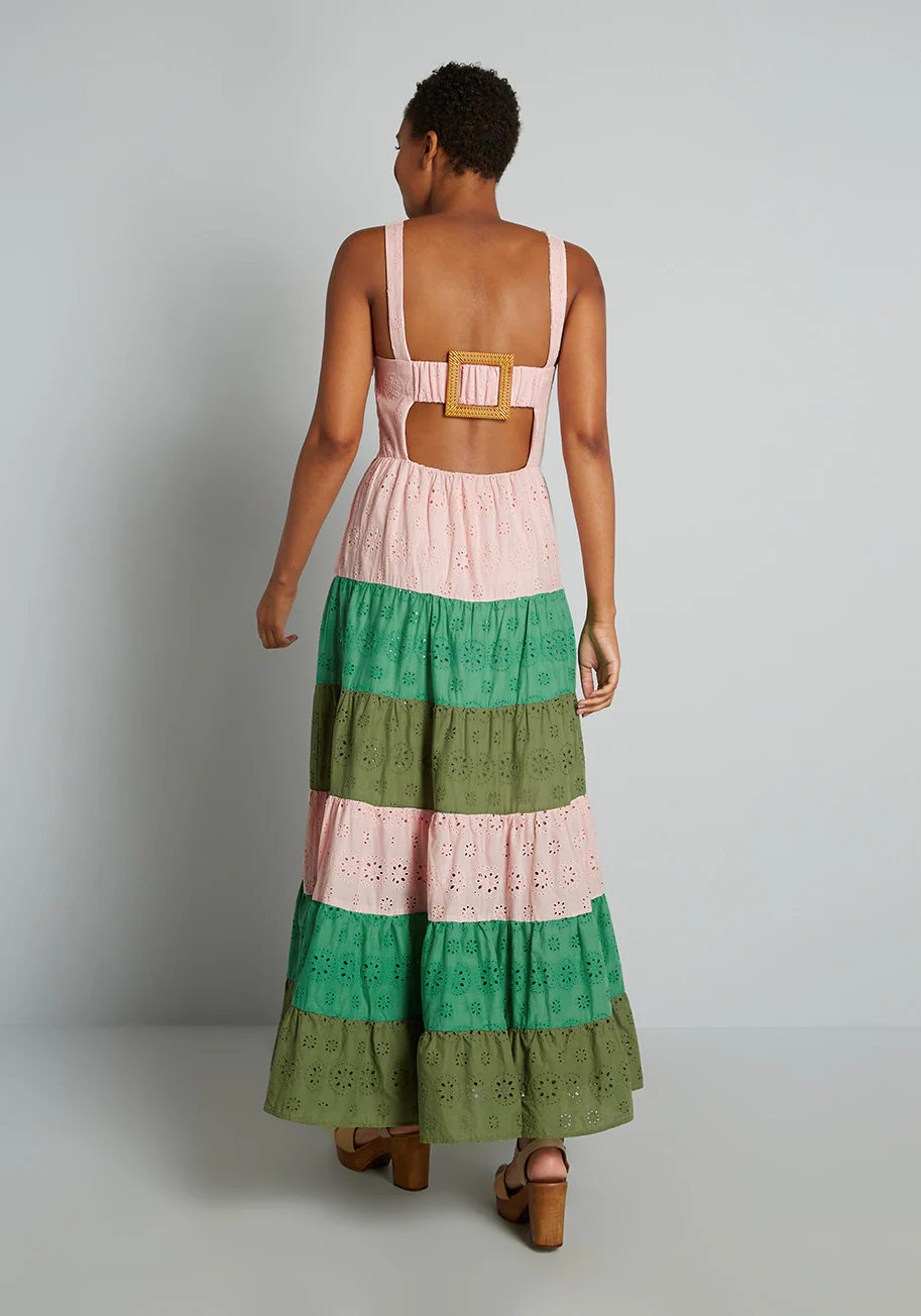 Blocked in Eyelet Tiered Maxi Dress - Olabens