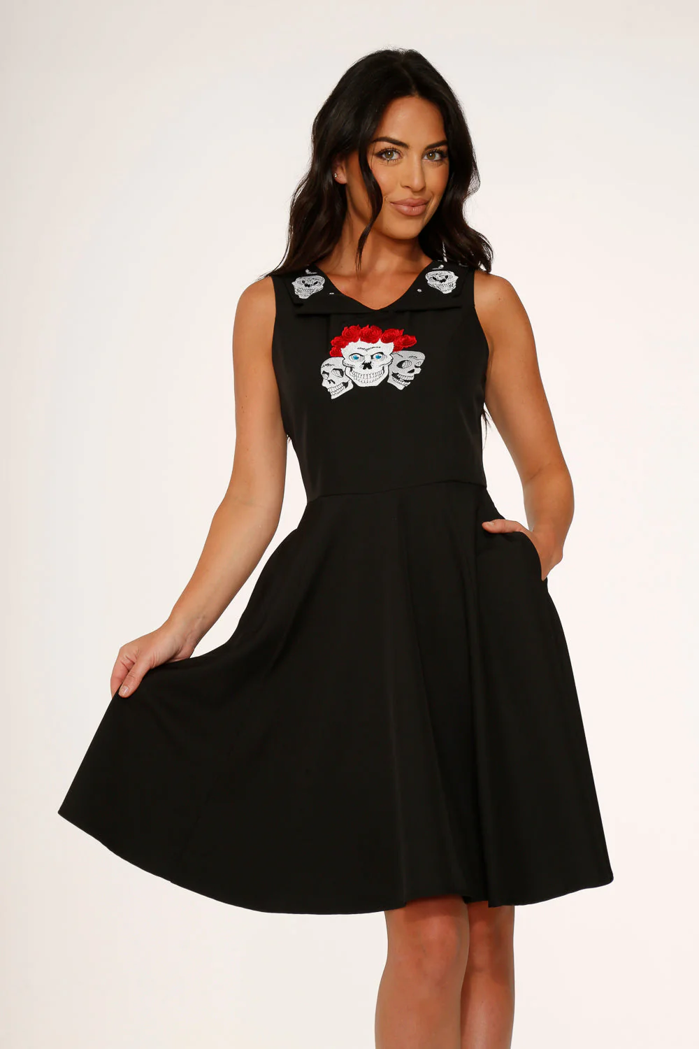 Rose Skulls Embroider Swing Dress - Olabens