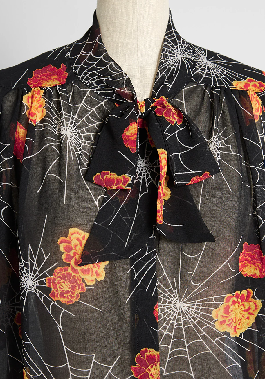 Blooming Webs Tie-Neck Blouse - Olabens