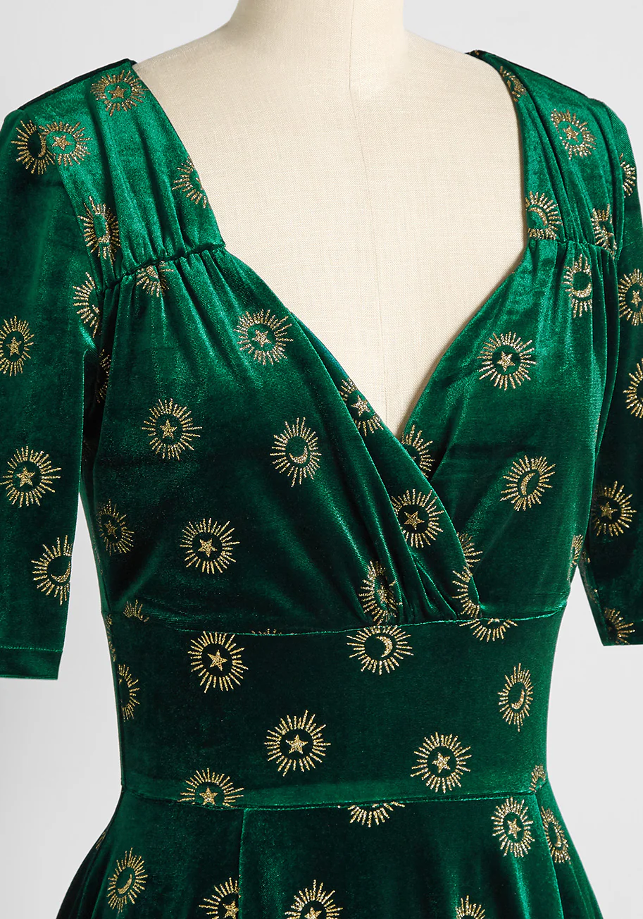 Bursts of Golden Light Velvet Midi Dress - Olabens