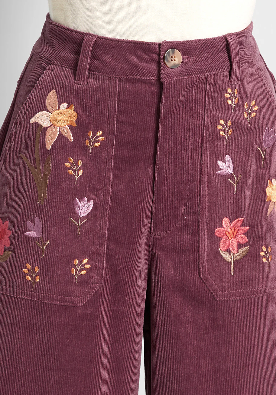 Visually Stem-ulating Embroidered Wide-Leg Cords - Olabens