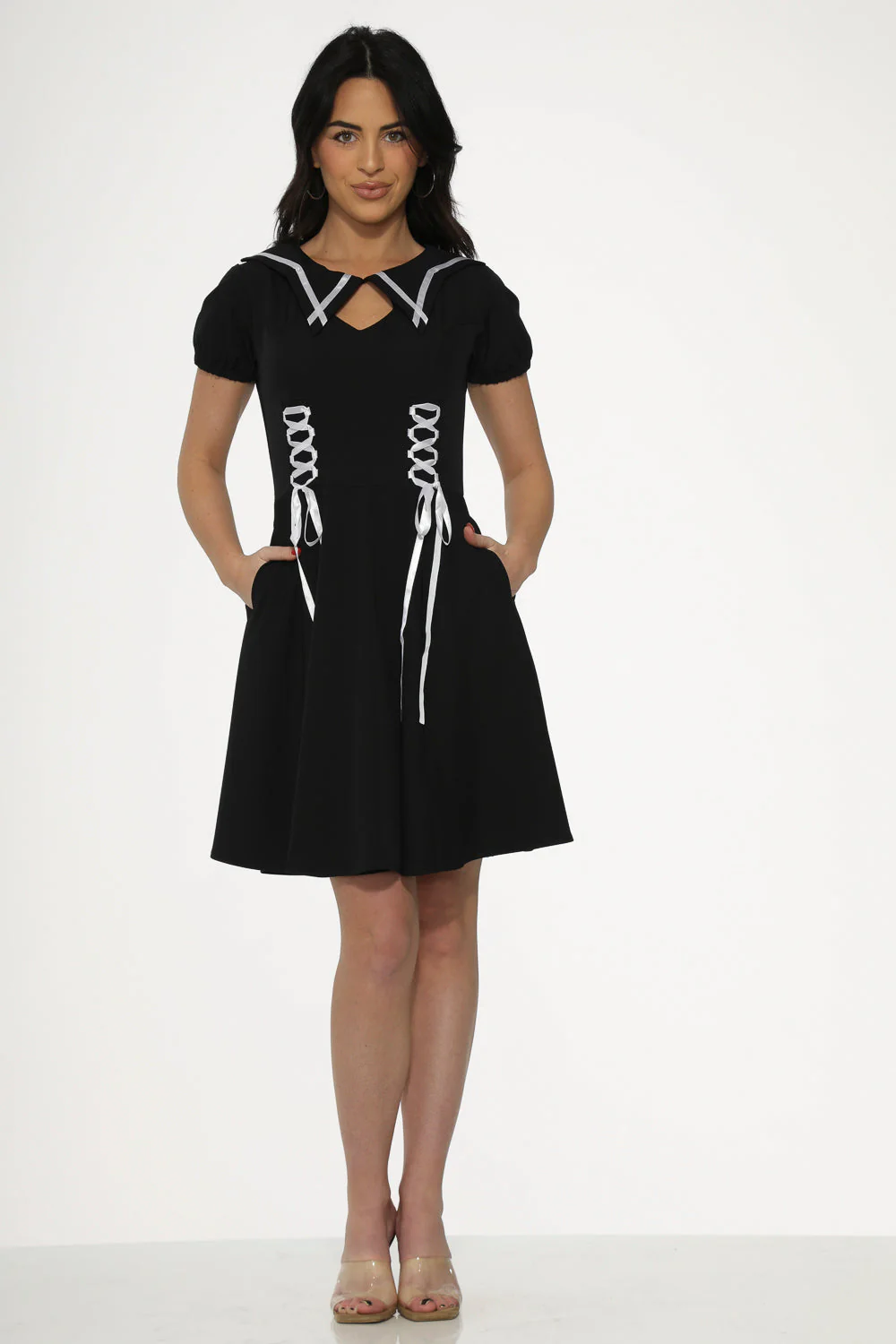 Black & White Trim Gothic Swing Dress - Olabens