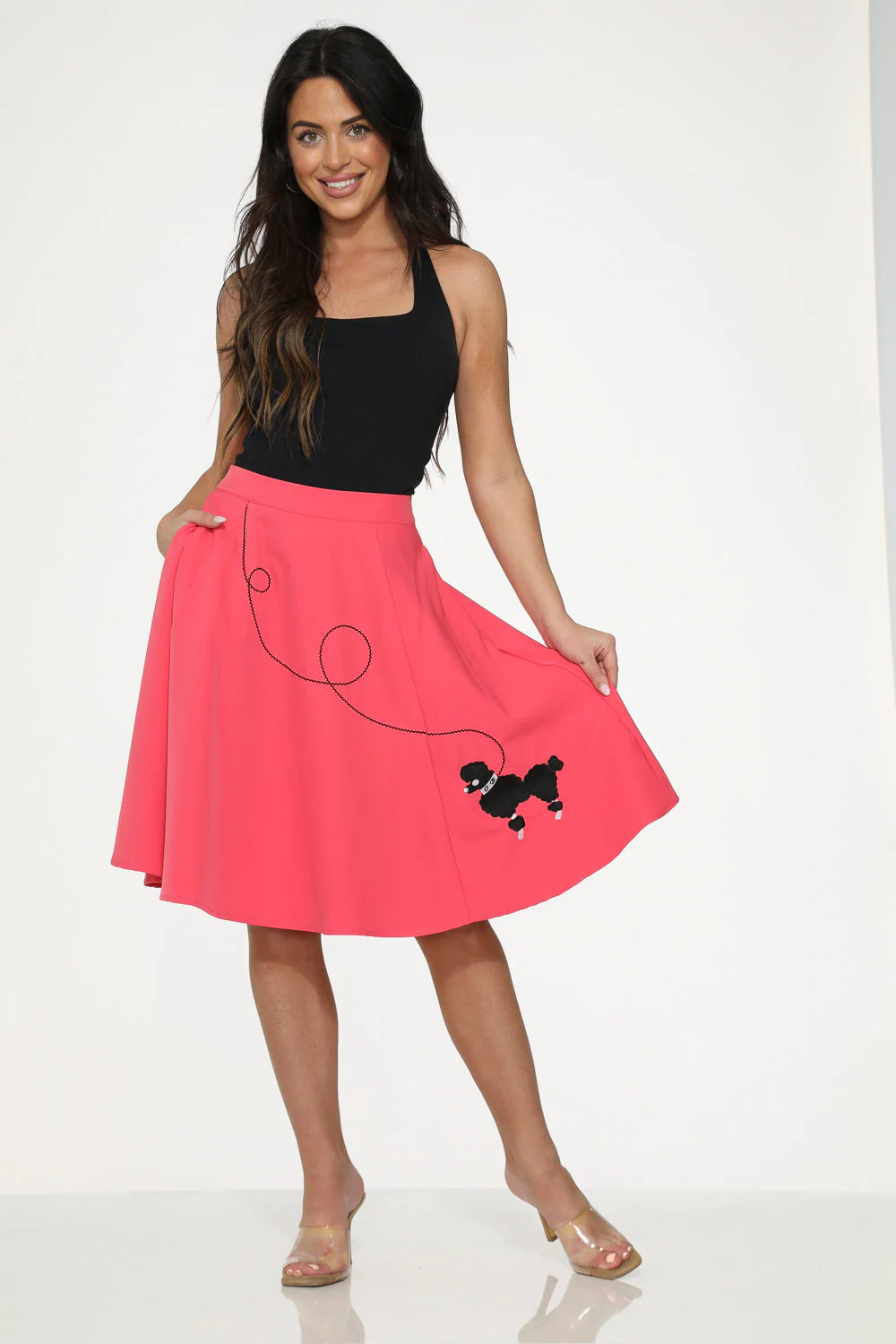 Hot Pink Black Embroidered Poodle Swing Skirt - Olabens