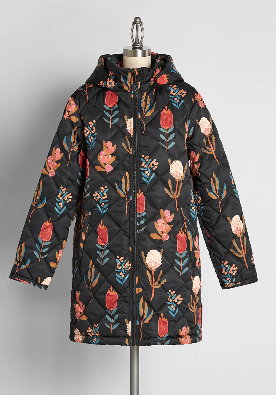 Raining Flora Hooded Puffer Jacket - Olabens