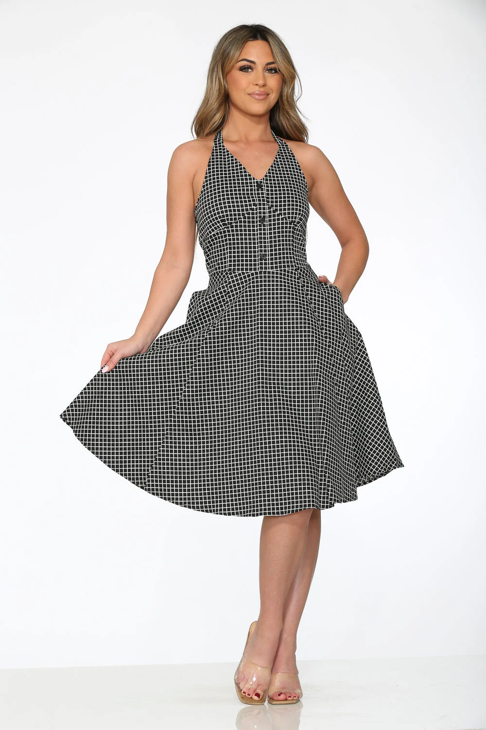 Black White Checkmate Halter Dress - Olabens