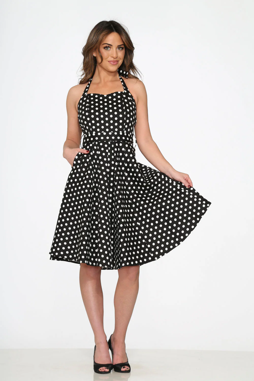 Black & White Polka Dot Halter Swing Dress - Olabens