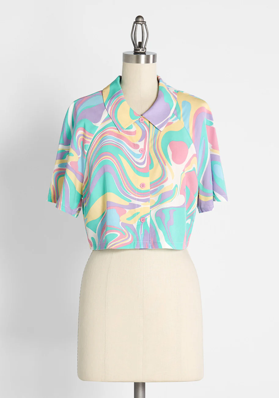 Swirling in Pastels Cropped Button-Up Shirt - Olabens