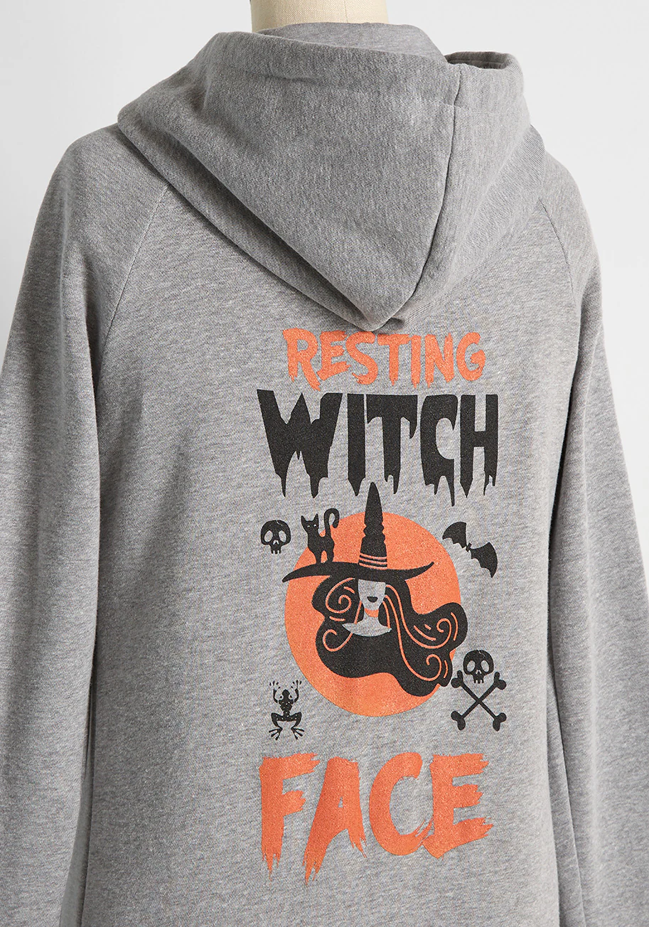 Resting Witch Face Graphic Zip-Up Hoodie - Olabens