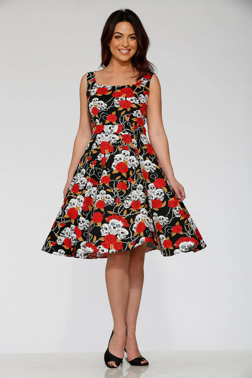 Black & Red Rose Skulls Swing Dress - Olabens