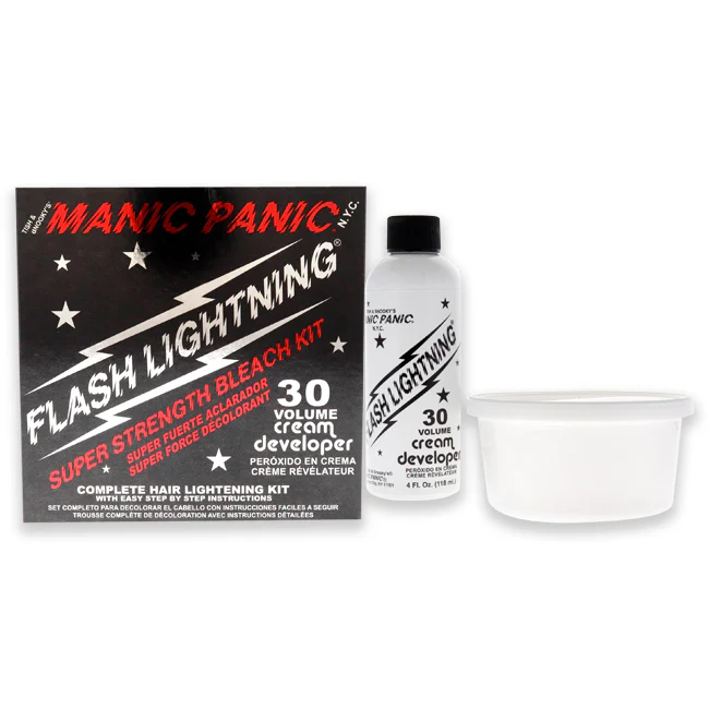 Manic Panic Flash Lightning Bleach Kit - 30 Volume by Manic Panic for Unisex - 6 Pc Kit 1.34oz Dust-Free Bleach Powder, 4oz 30-Volume Cream Developer, 1 Plastic Mixing Tub, 1 Tint Brush, 1 Plastic Cap, 1 Set of Plastic Gloves - Olabens