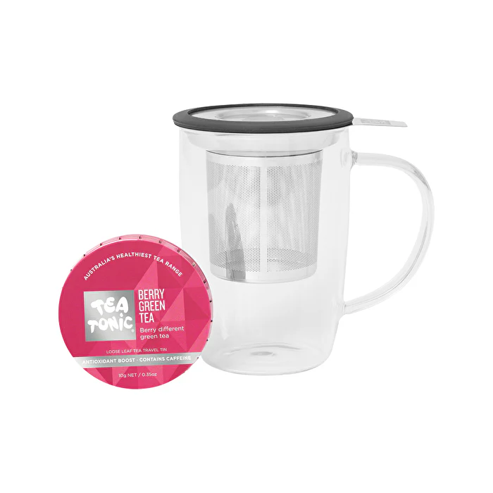 Tea Tonic (Tea Mug for One) Glass Tea Mug with Infuser & Berry Green Tea Travel Tin Pack 10g - Olabens