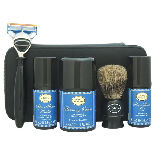 The Art of Shaving Travel Kit - Lavender by The Art of Shaving for Men - 7 Pc Kit 1oz Pre-Shave Oil, 1.5oz Shaving Cream, 1oz After-Shave Balm, Shaving Brush, Razor, Cartridge, Leather Case - Olabens